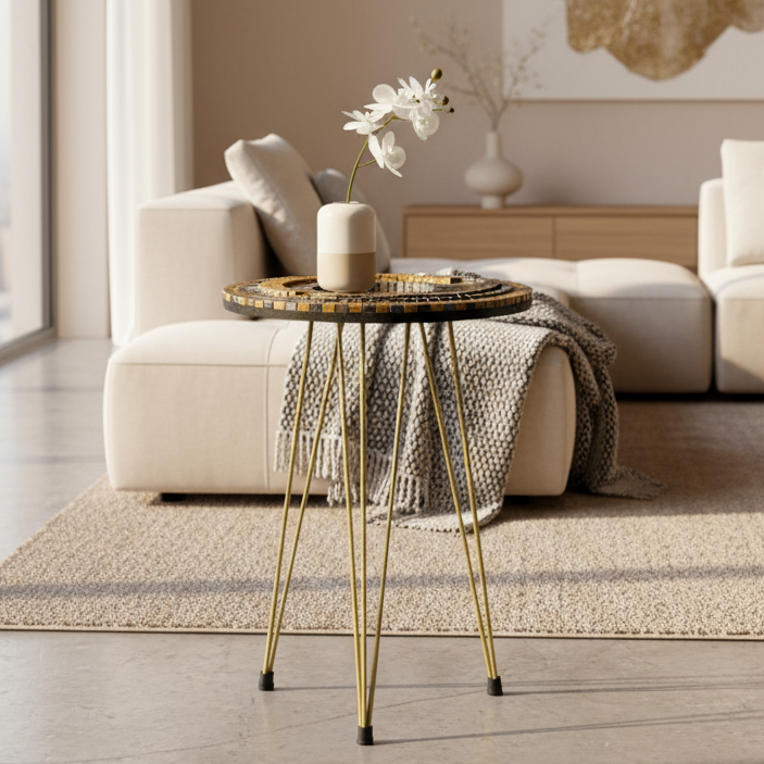 Smart Mosaic Coffee / Vase Table - Elegant Basil Gold Design with Acrylic Mirror